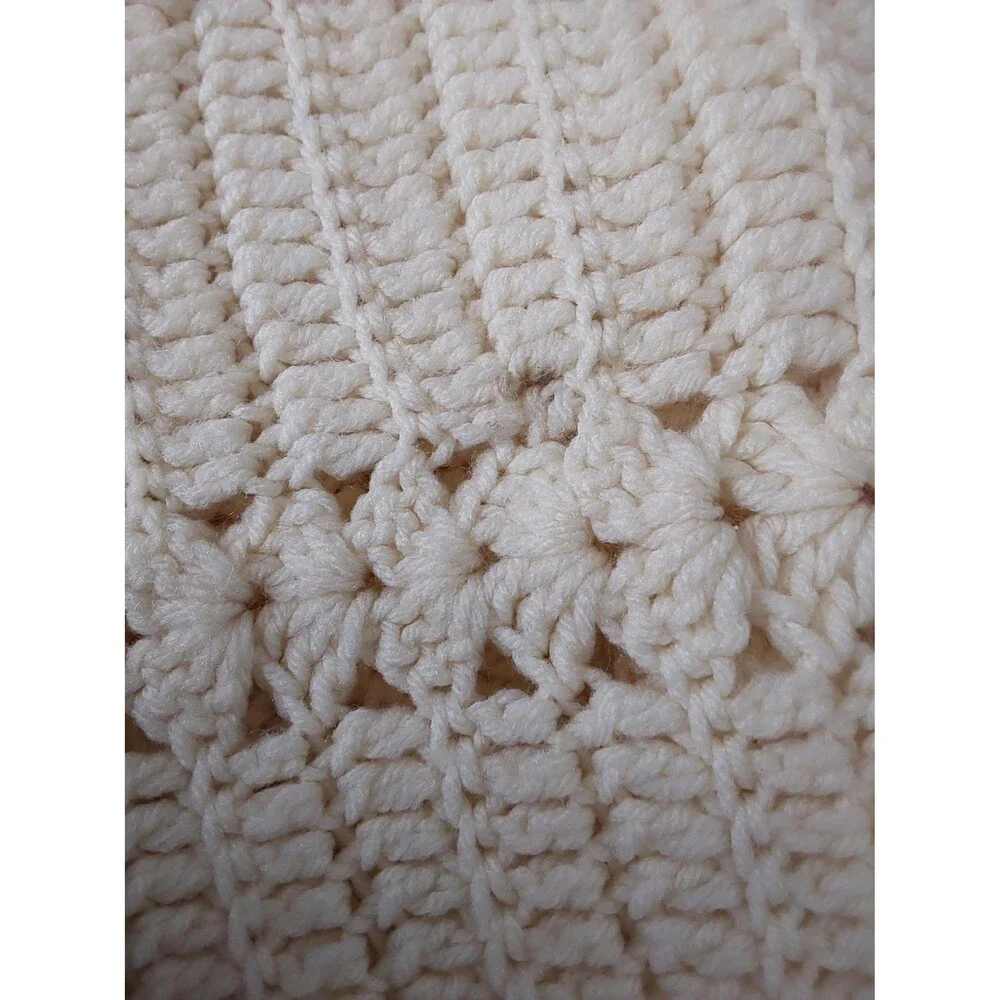Vintage Hand Crocheted Afghan: Large Beige Throw, Full Size Coverlet